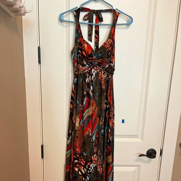 Maurice's Peacock Print Halter Maxi Dress size small - Picture 1 of 6